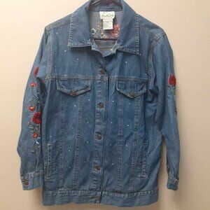 Quaker Factory 100% Cotton Denim Embroidered beaded Flowers Jacket Sz Small